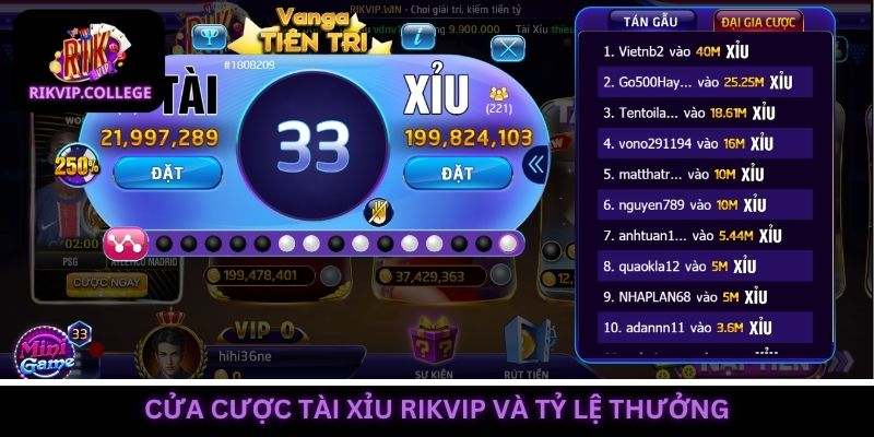 Đặt cược tài xỉu Rikvip và nhận về tiền thưởng giá trị