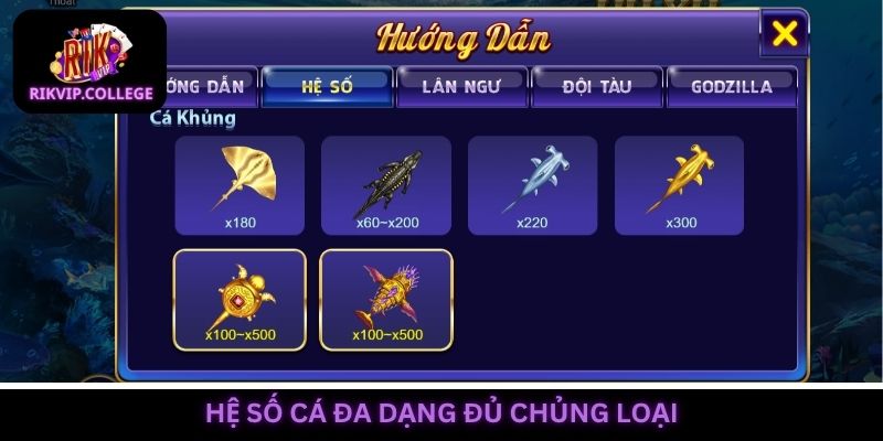 Hơn 30 loại cá từ nhỏ đến khủng với phần thưởng đến 500 lần cược